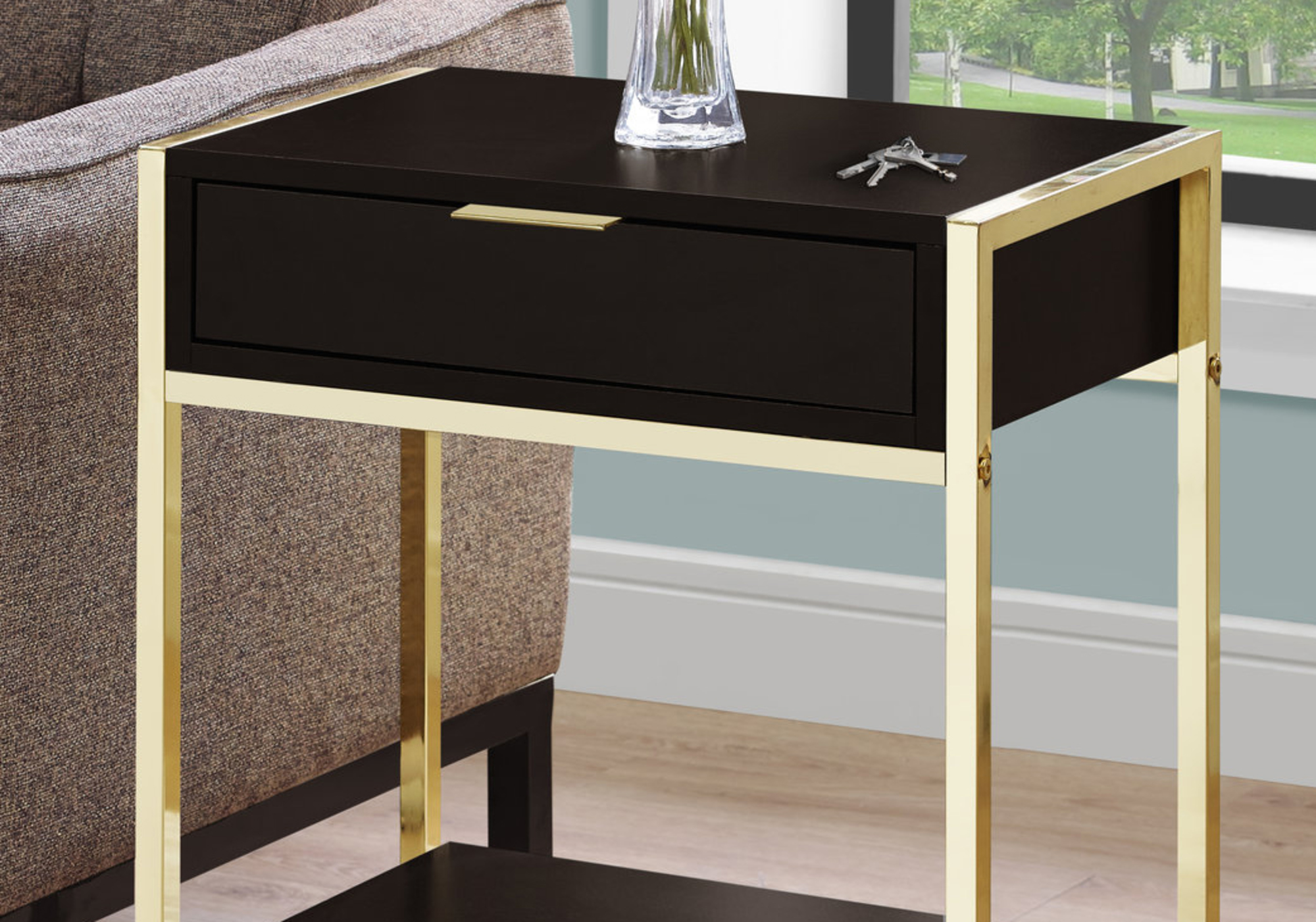 ACCENT TABLE - 24"H / CAPPUCCINO / GOLD METAL 